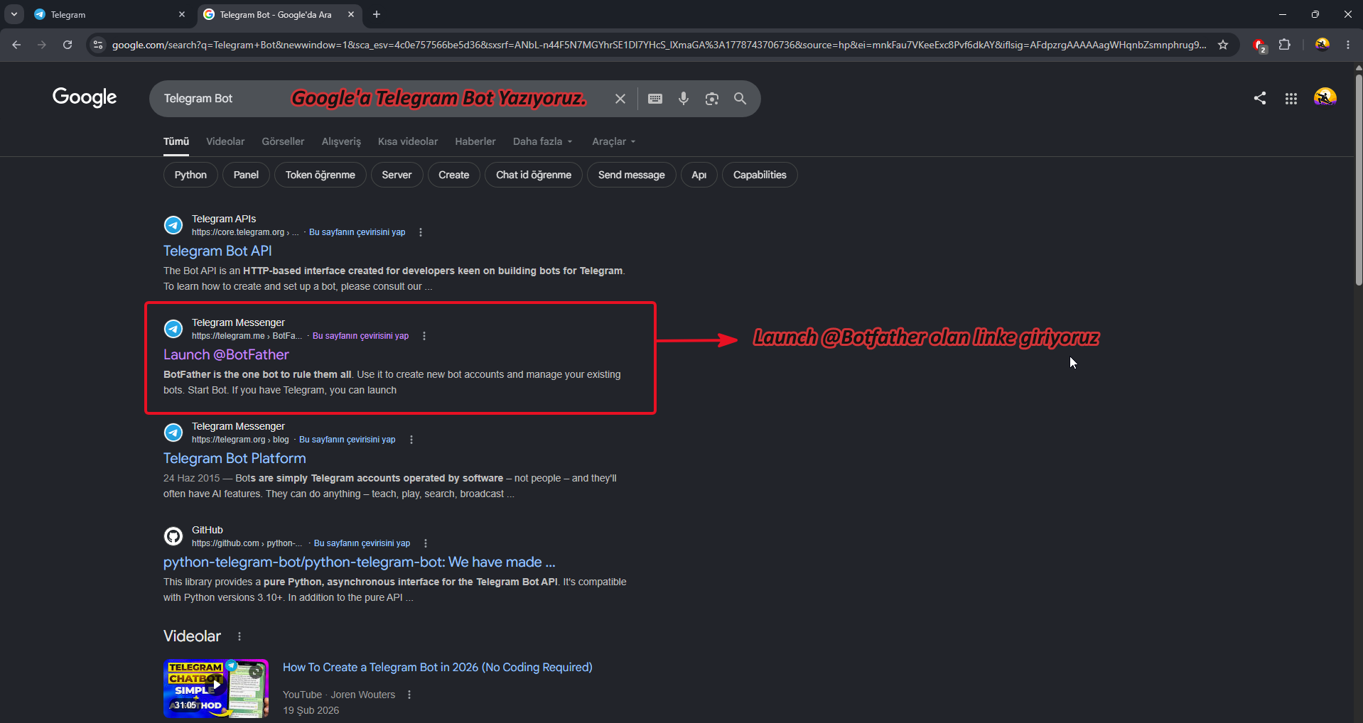 Telegram kurulum adımı 1